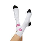 Cancer Suck Crew Socks - Sublimated White Athletic Socks with Pink 'Cancer Suck' Logo