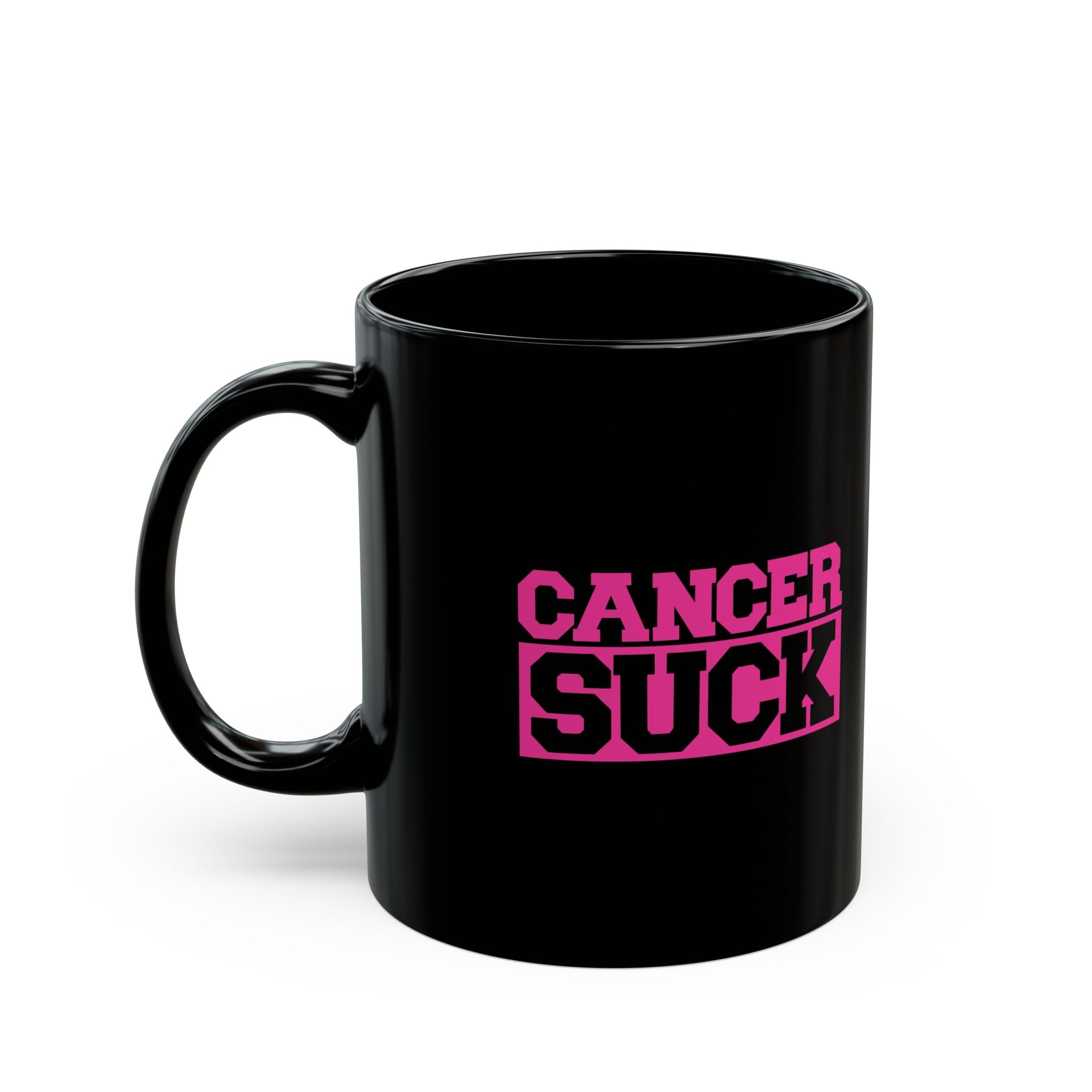 Cancer Sucks Pink Ribbon Black Coffee Mug — Support Breast Cancer Awareness (11oz, 15oz)