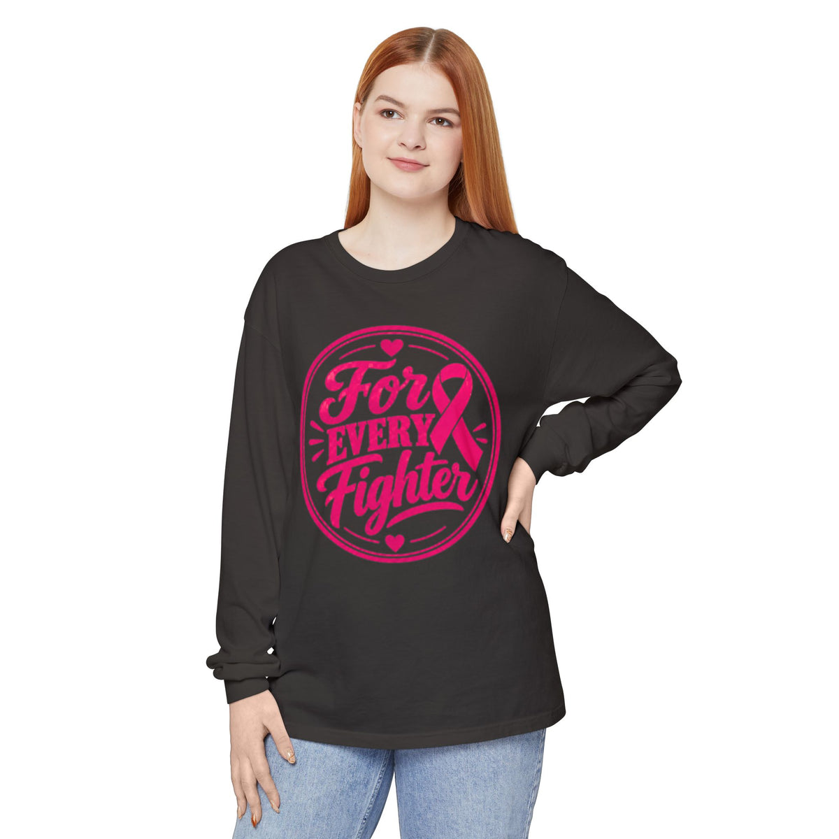 Breast Cancer Awareness Long Sleeve Tee - "For Every Fighter" Pink Ribbon