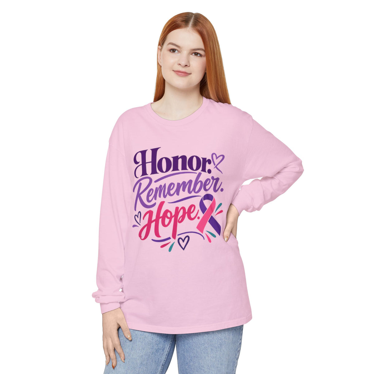 Honor Remember Hope Long Sleeve T-Shirt — Cancer Awareness Ribbon Tee