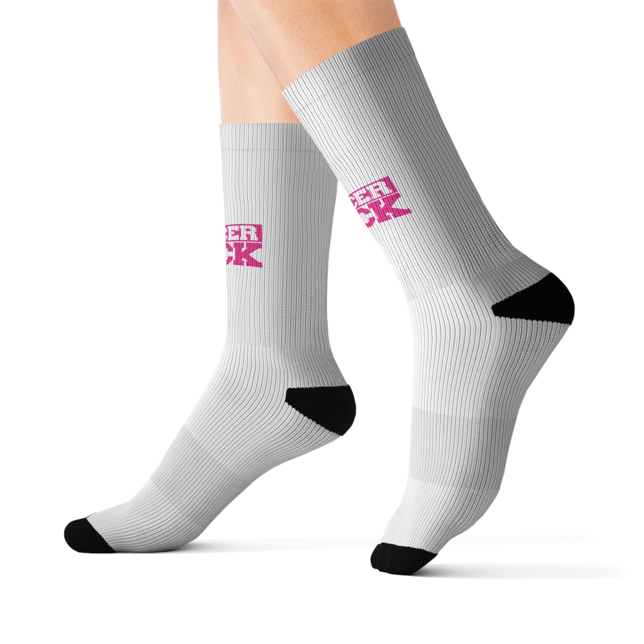 Cancer Sucks Crew Socks — Sublimated Awareness Socks (Pink Ribbon Text)