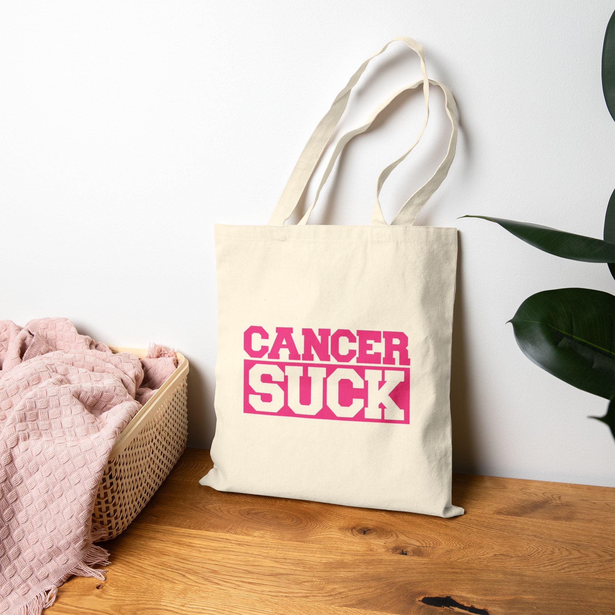 Cancer Suck Tote Bag – Pink Awareness Cotton Canvas Grocery & Everyday Shopper