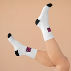 Cancer Sucks Socks — White Recycled Poly Crew Socks with Pink Bold Awareness Patch