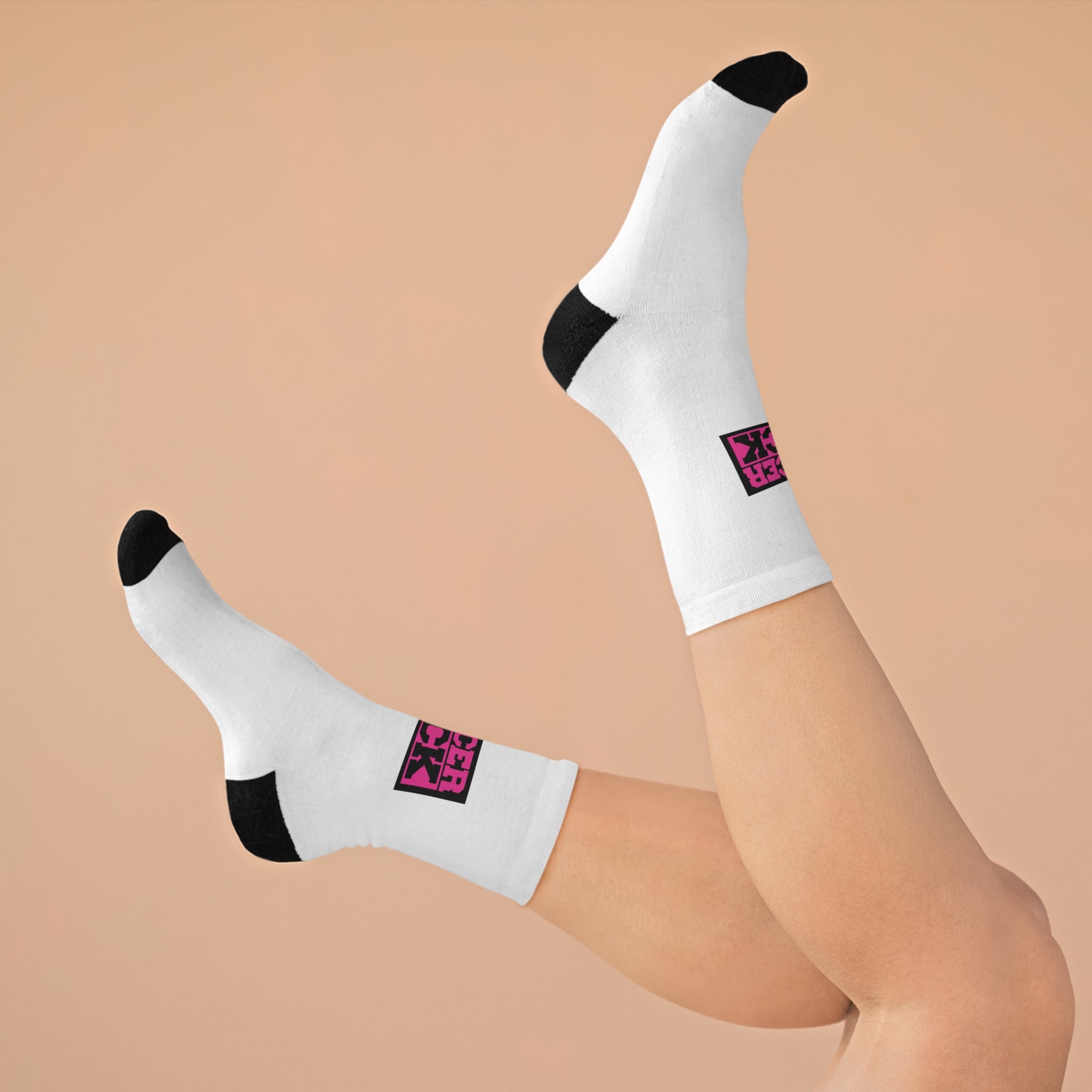 Cancer Sucks Socks — White Recycled Poly Crew Socks with Pink Bold Awareness Patch