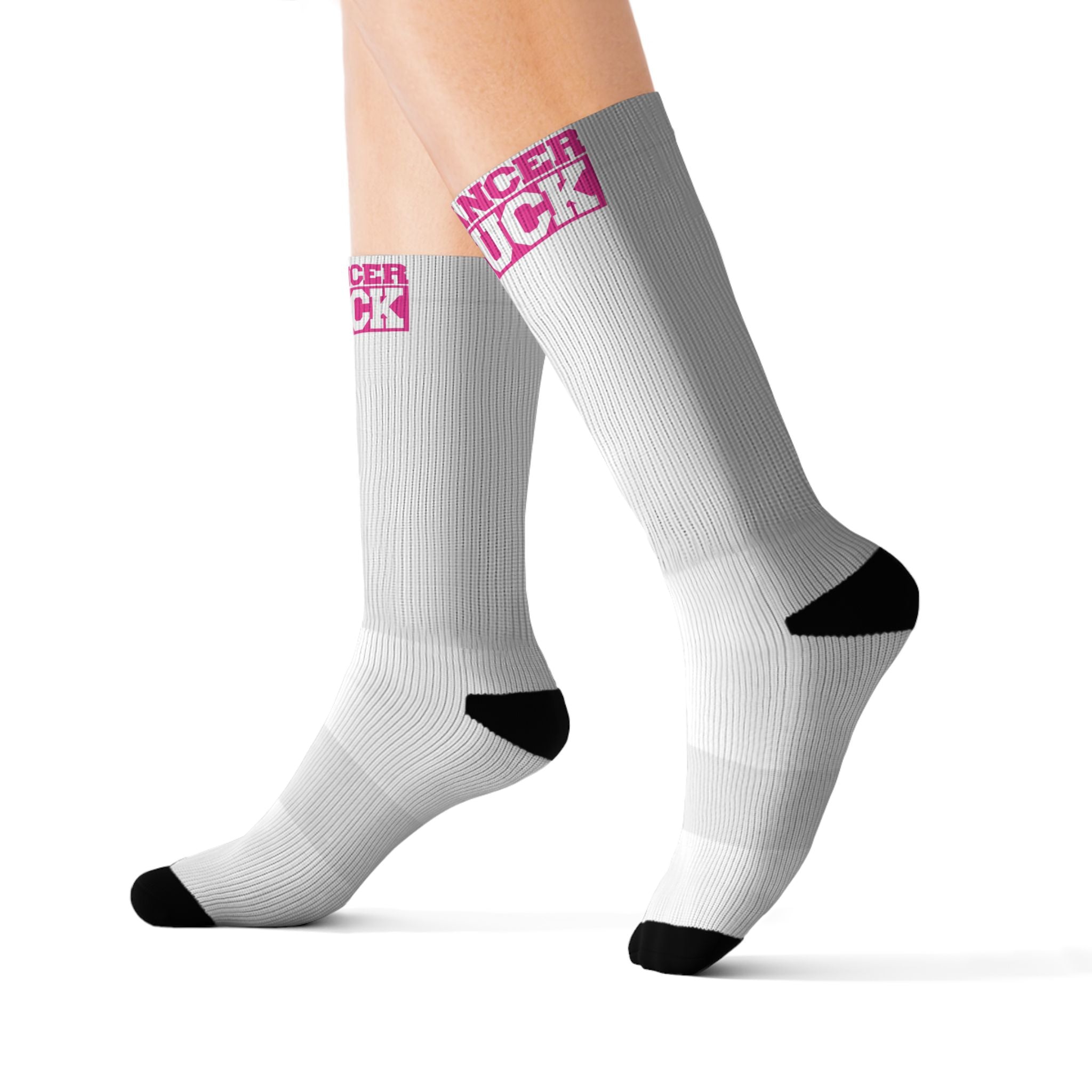 Cancer Suck Crew Socks - Sublimated White Athletic Socks with Pink 'Cancer Suck' Logo