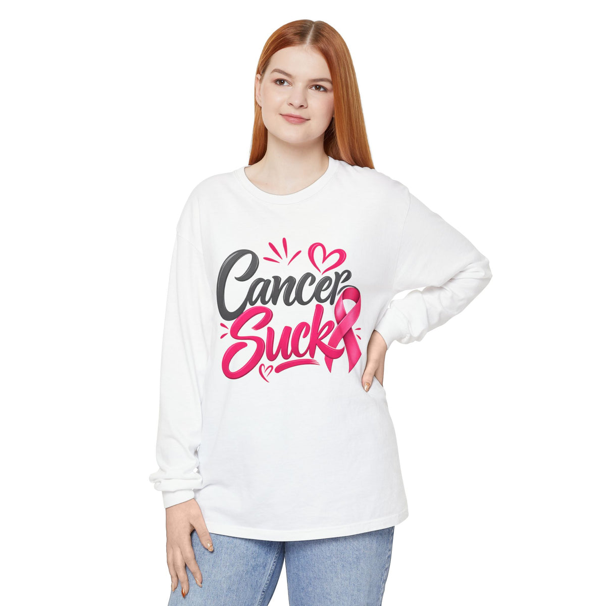 Cancer Sucks Long Sleeve Shirt — Breast Cancer Awareness Ribbon Tee