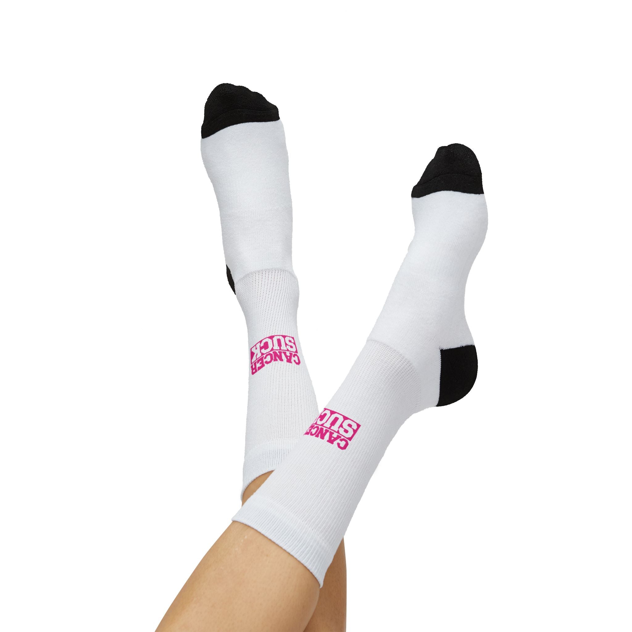 Cancer Suck Crew Socks - Sublimated White Athletic Socks with Pink 'Cancer Suck' Logo