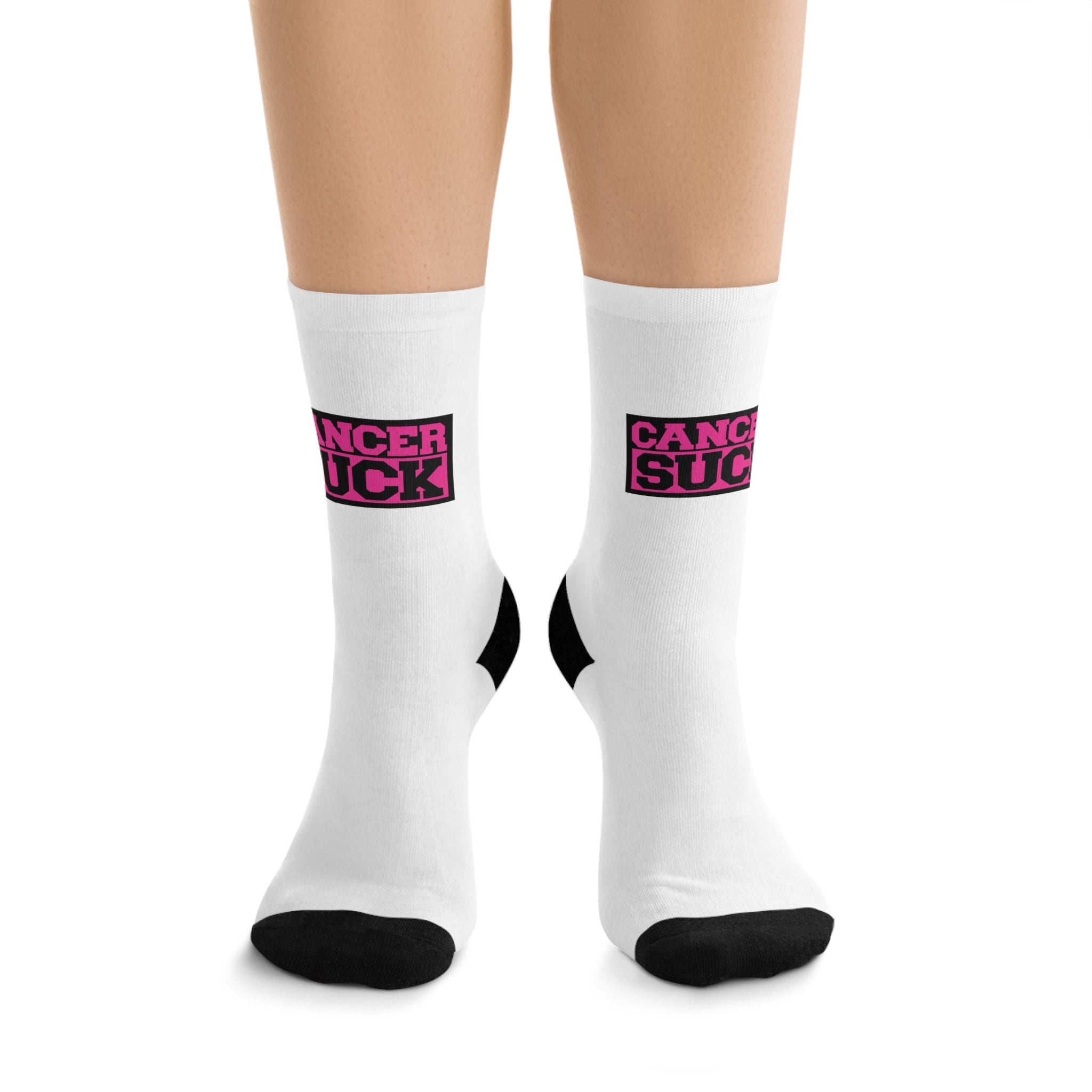 Cancer Sucks Socks — White Recycled Poly Crew Socks with Pink Bold Awareness Patch