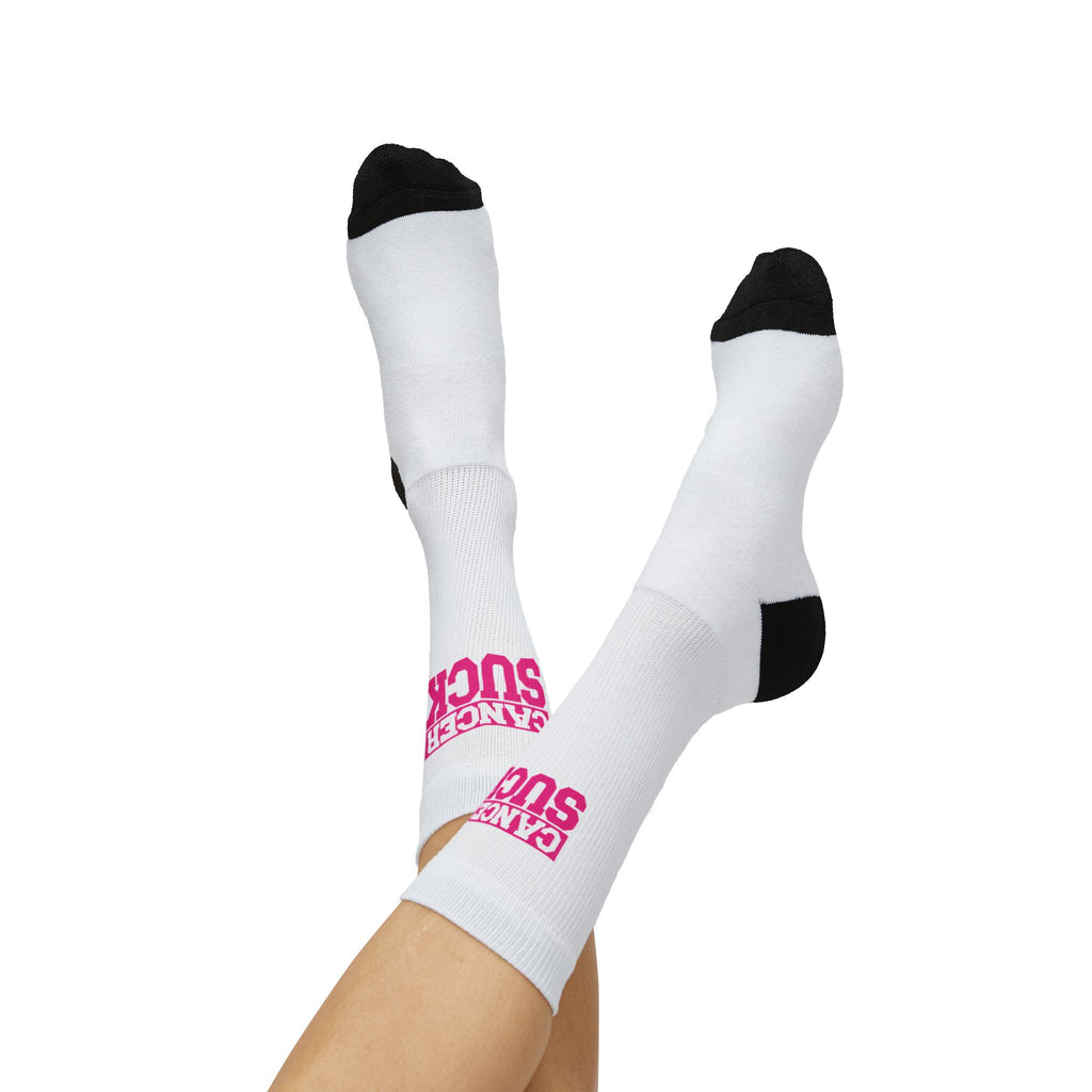 Cancer Sucks Crew Socks — Sublimated Awareness Socks (Pink Ribbon Text)