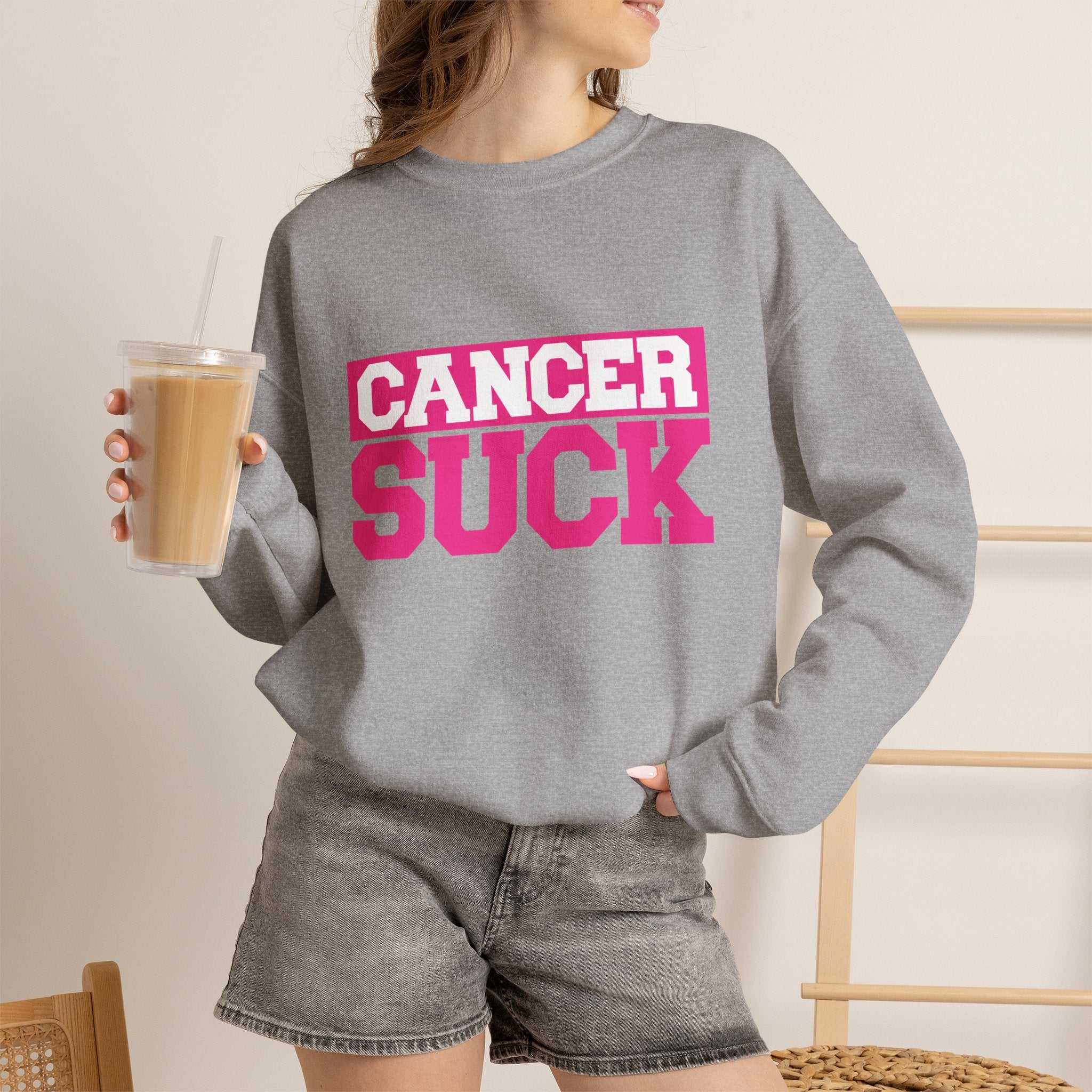 Crewneck Sweatshirt - "Cancer Suck" Bold Pink Awareness Pullover