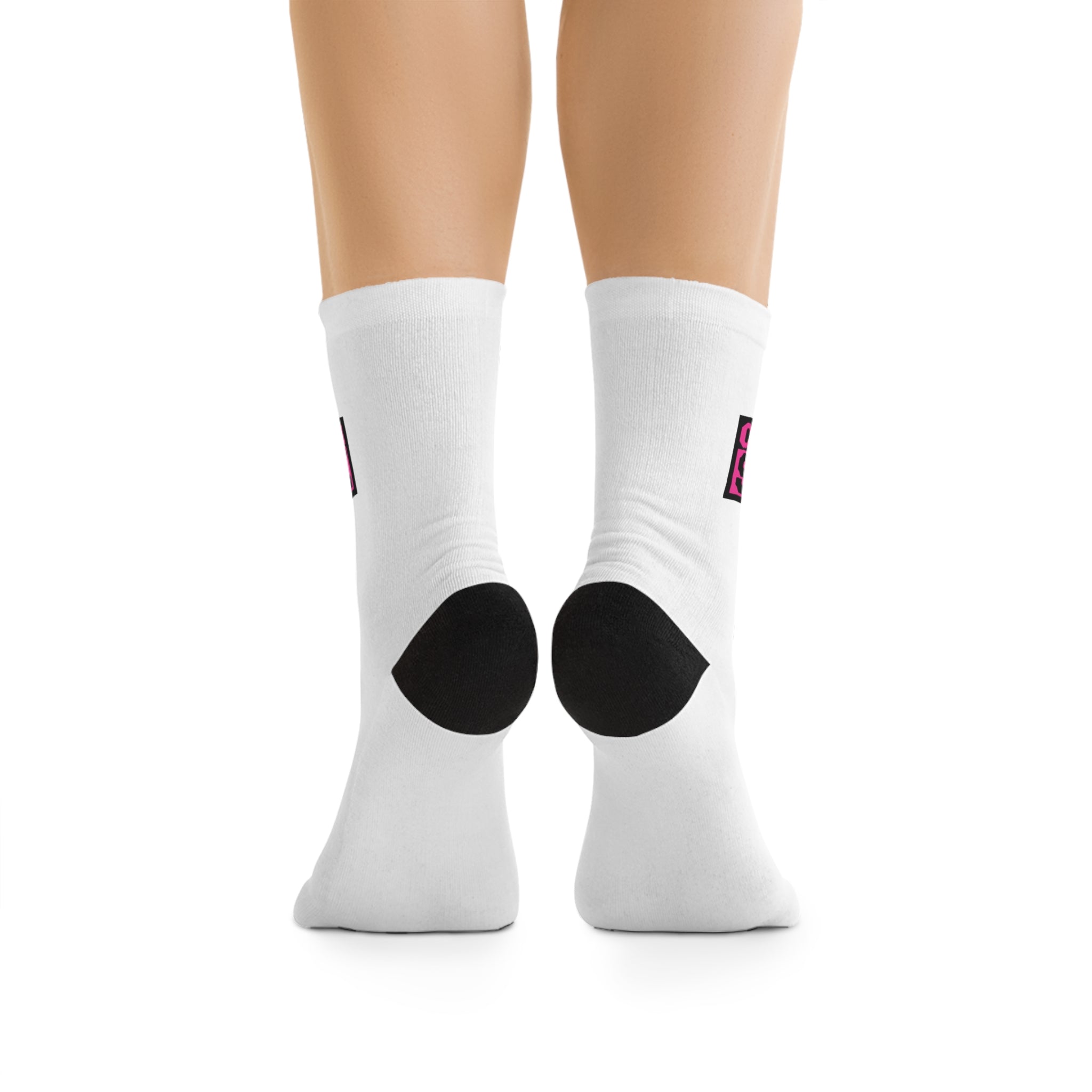 Cancer Sucks Socks — White Recycled Poly Crew Socks with Pink Bold Awareness Patch