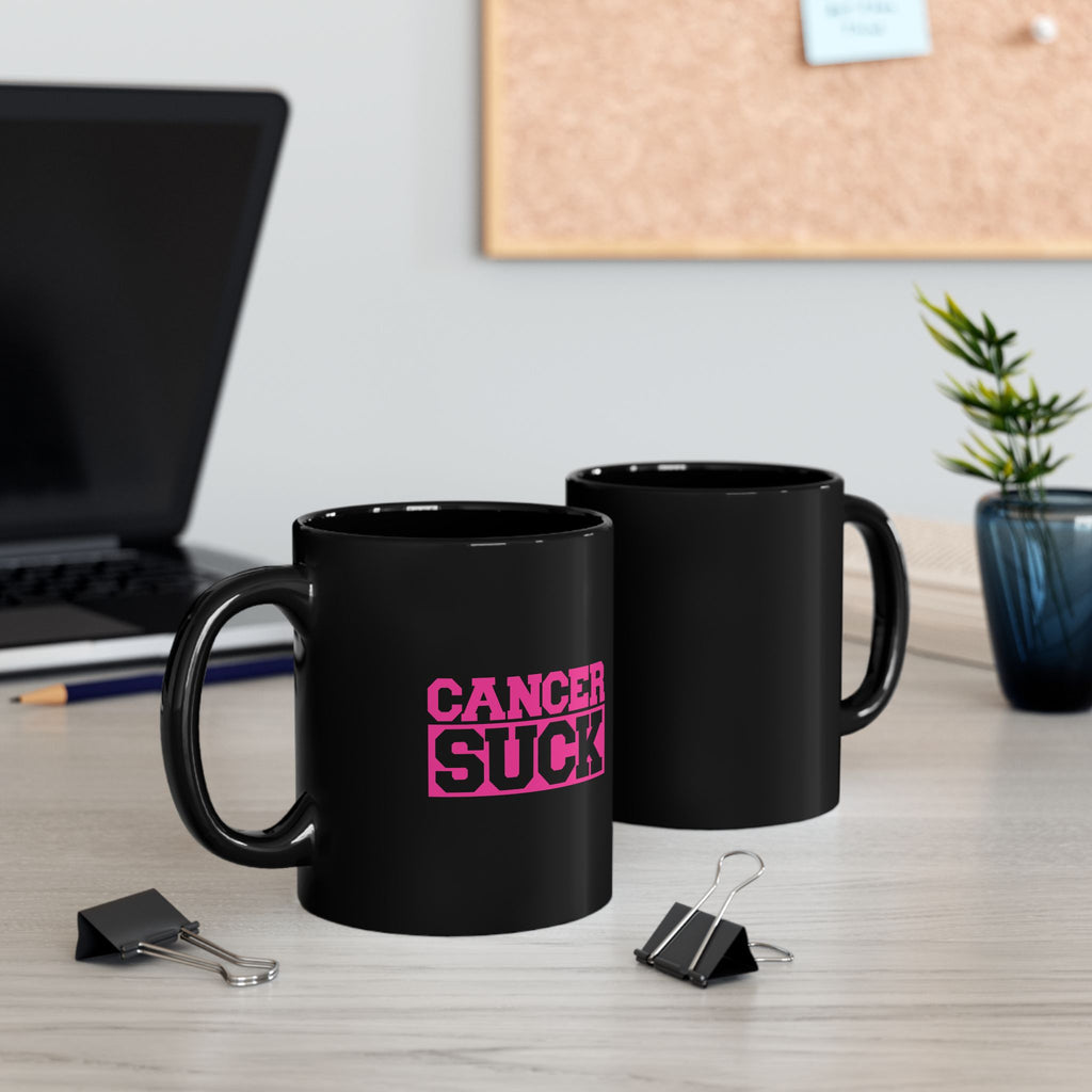 Cancer Sucks Pink Ribbon Black Coffee Mug — Support Breast Cancer Awareness (11oz, 15oz)