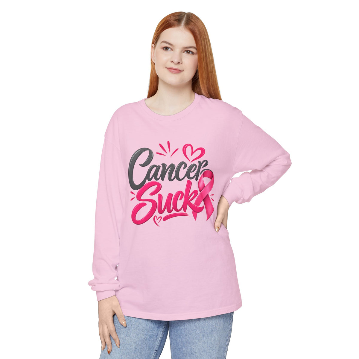 Cancer Sucks Long Sleeve Shirt — Breast Cancer Awareness Ribbon Tee