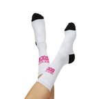 Cancer Sucks Crew Socks — Sublimated Awareness Socks (Pink Ribbon Text)