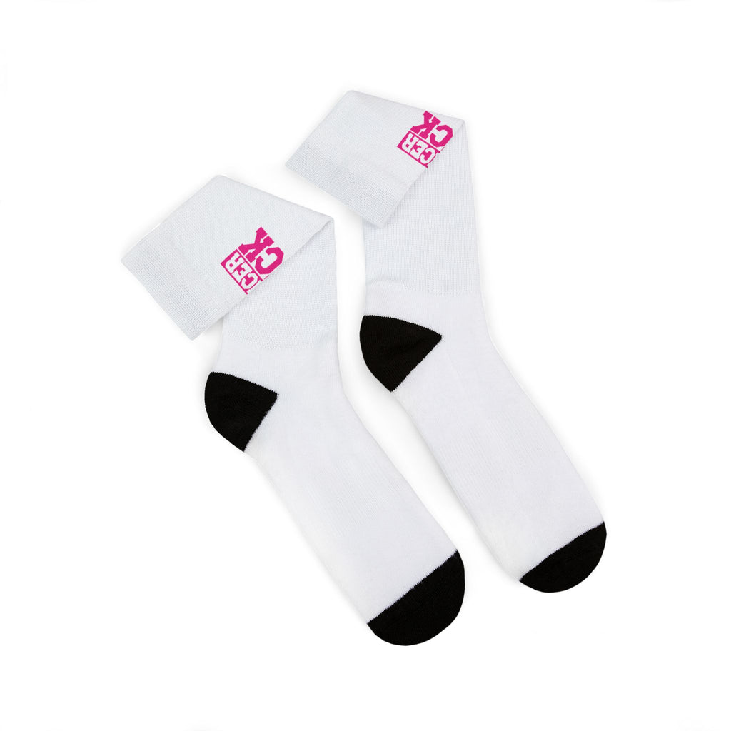 Cancer Sucks Crew Socks — Sublimated Awareness Socks (Pink Ribbon Text)