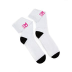 Cancer Sucks Crew Socks — Sublimated Awareness Socks (Pink Ribbon Text)