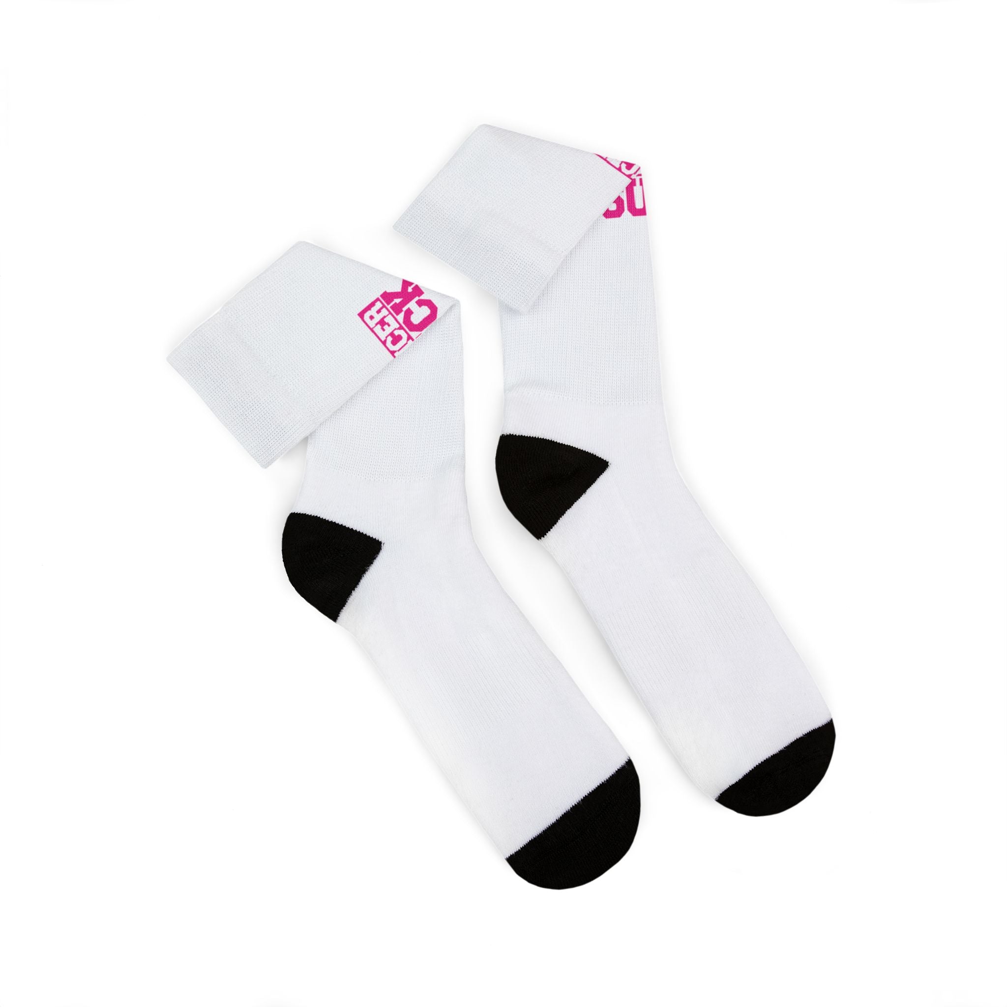 Cancer Sucks Crew Socks — Sublimated Awareness Socks (Pink Ribbon Text)
