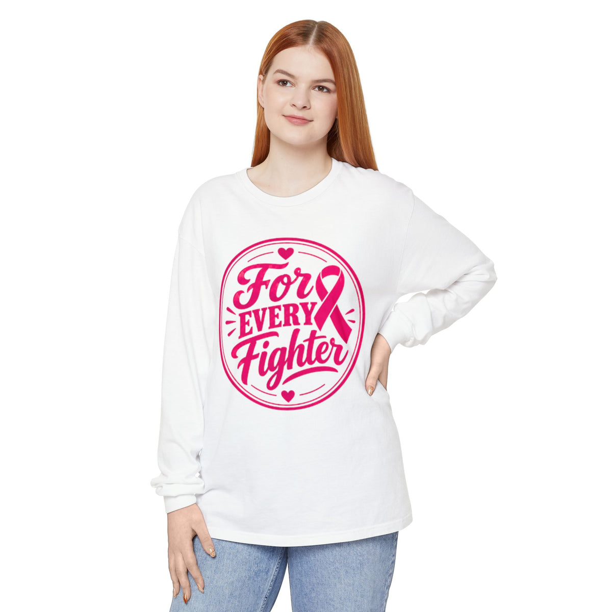 Breast Cancer Awareness Long Sleeve Tee - "For Every Fighter" Pink Ribbon
