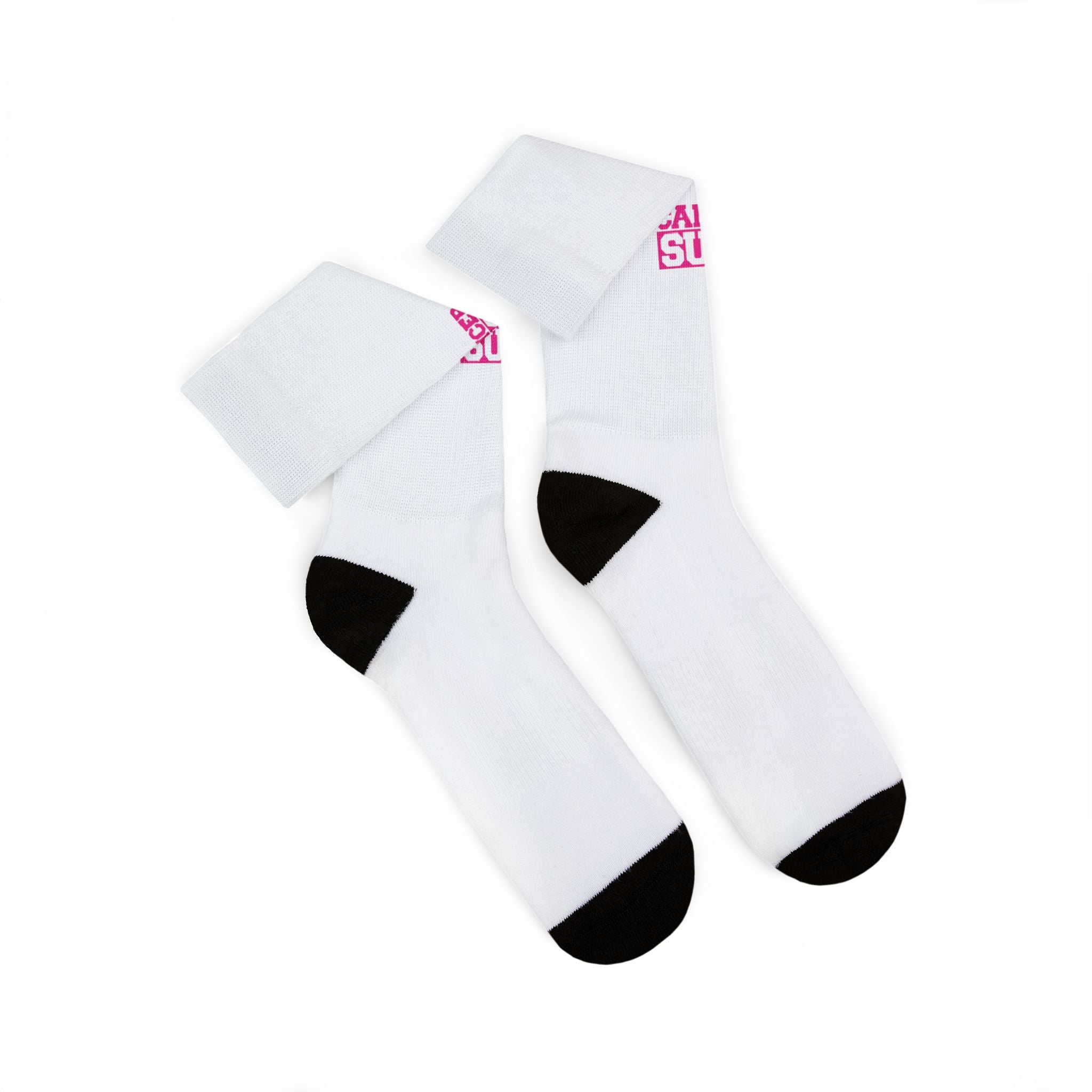 Cancer Suck Crew Socks - Sublimated White Athletic Socks with Pink 'Cancer Suck' Logo