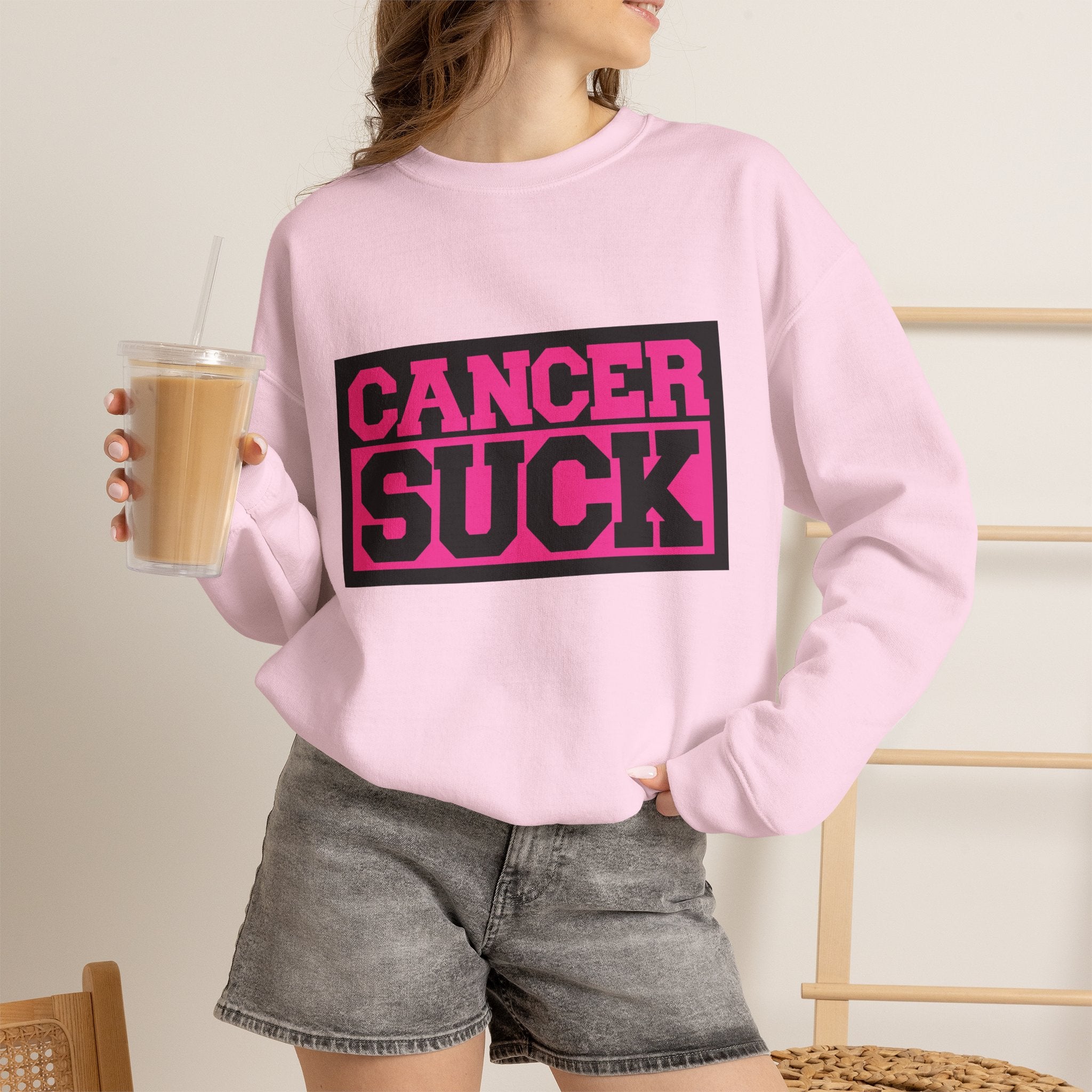 Crewneck Sweatshirt — "Cancer Suck" Bold Pink Awareness Pullover
